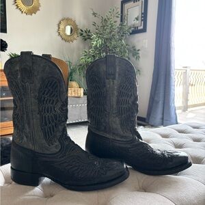 Men's Black and Gray Leather Western Boots with Cross and Wing Embroidery